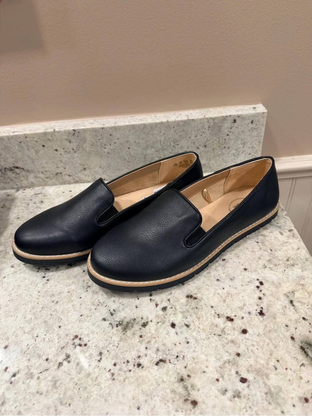 Women's Black Slip-On Casual Loafers with Tan Trim